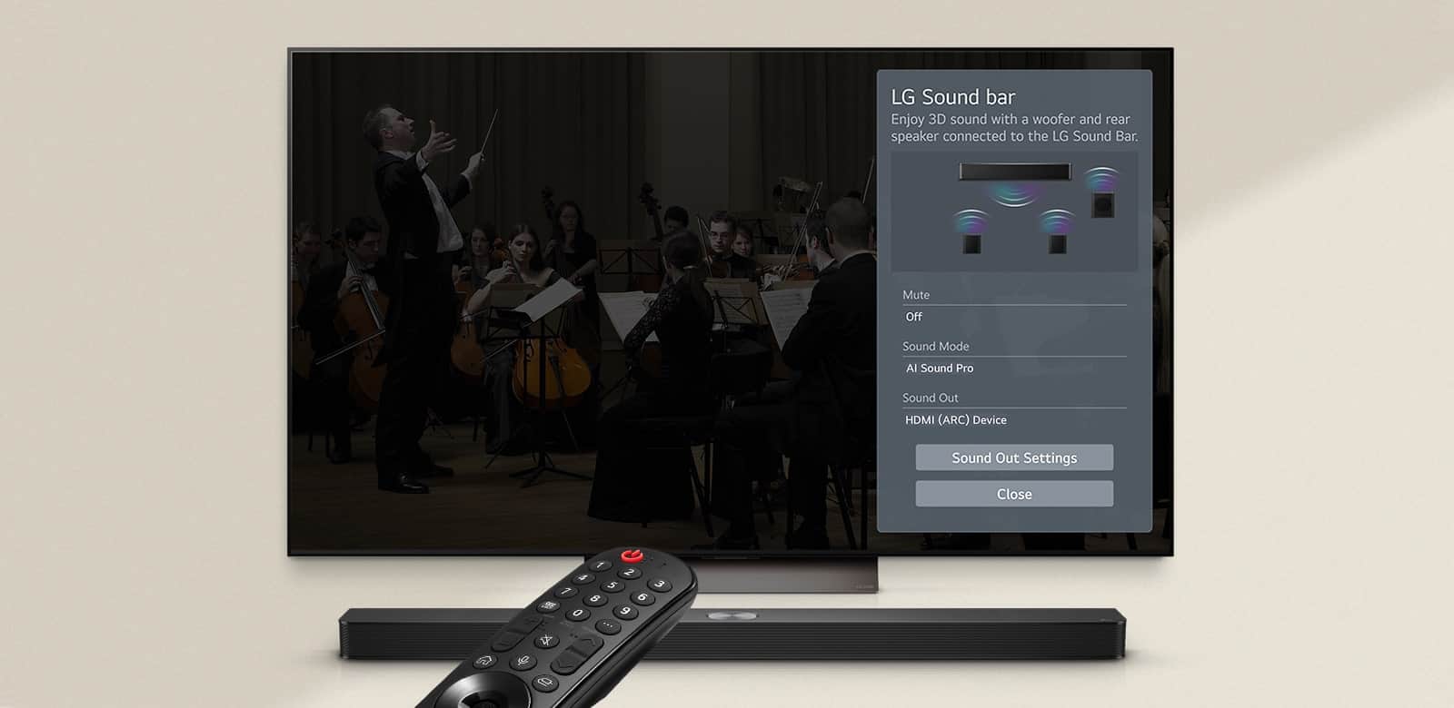 Пульт дистанційного керування LG спрямований на телевізор LG, а саундбар LG розміщено під ним. На екрані телевізора LG відображається меню інтерфейсу WOW.