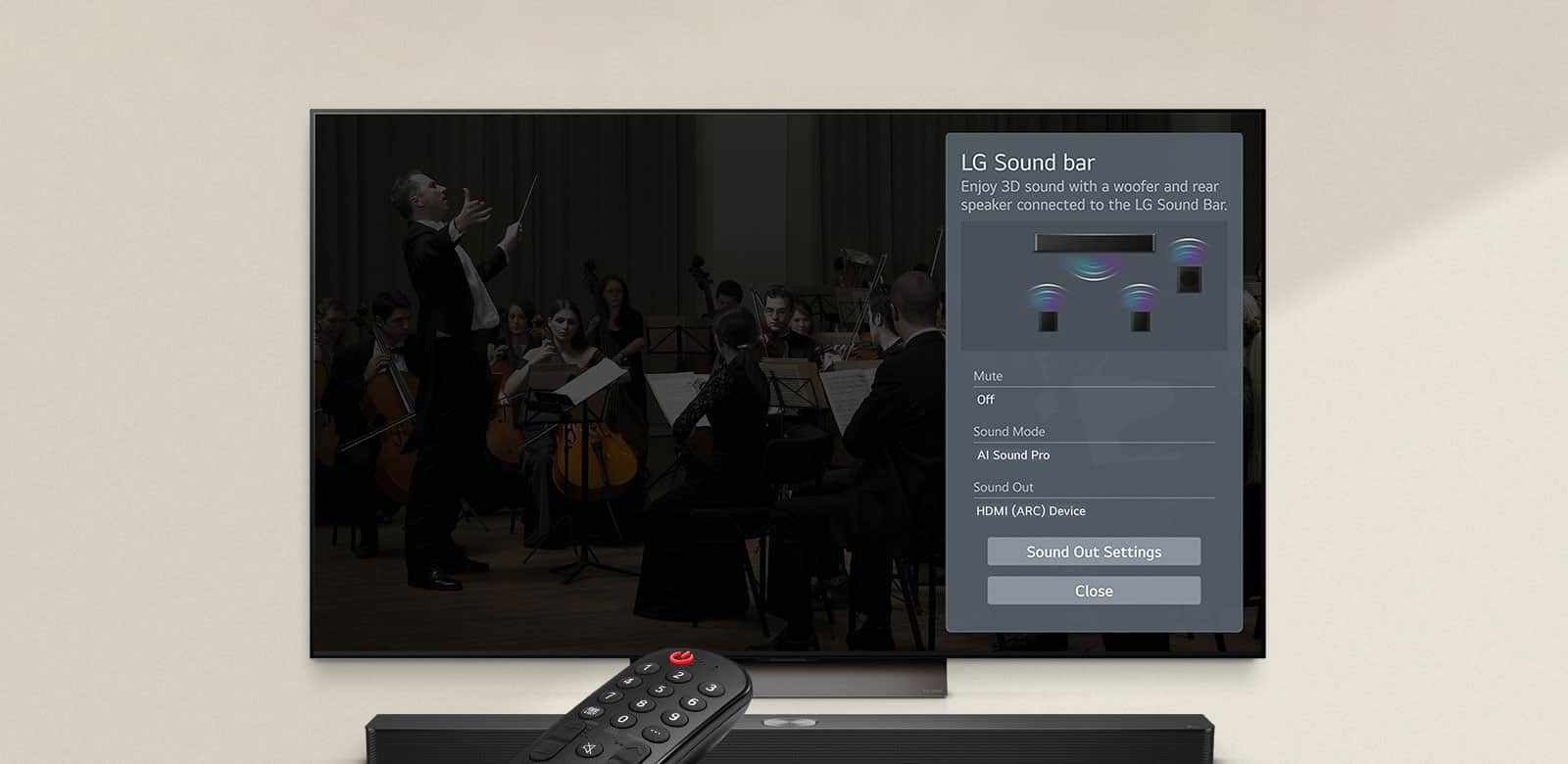 Пульт дистанційного керування LG спрямований на телевізор LG, а саундбар LG розміщено під ним. На екрані телевізора LG відображається меню інтерфейсу WOW.