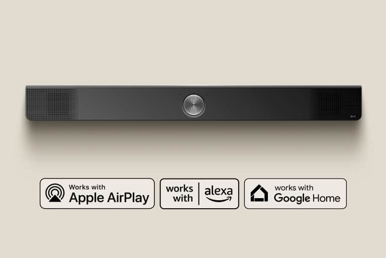 LG Soundbar widziany z góry. Logo Apple AirPlay Logo Amazon Alexa Logo Google Home