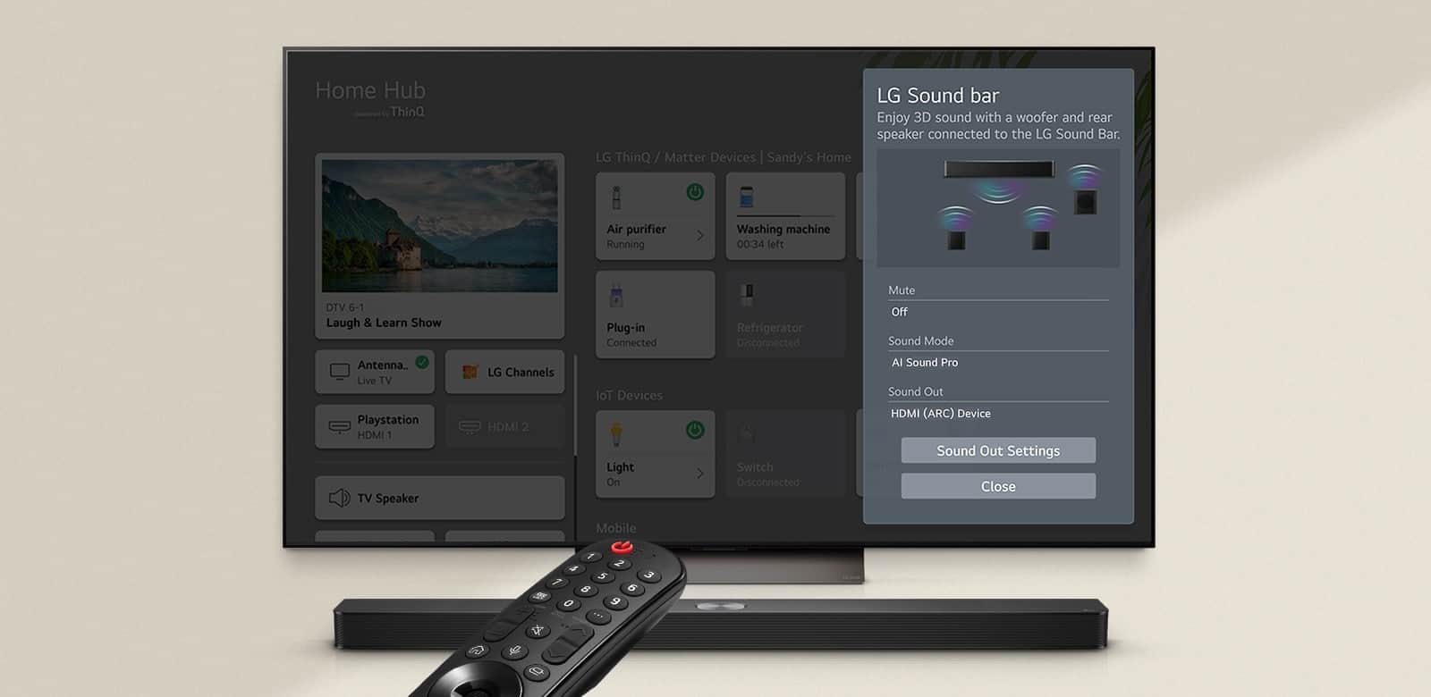 Пульт дистанційного керування LG доступний для телевізора LG і звукової панелі LG. Телевізор LG отримав меню інтерфейсу WOW на екрані.