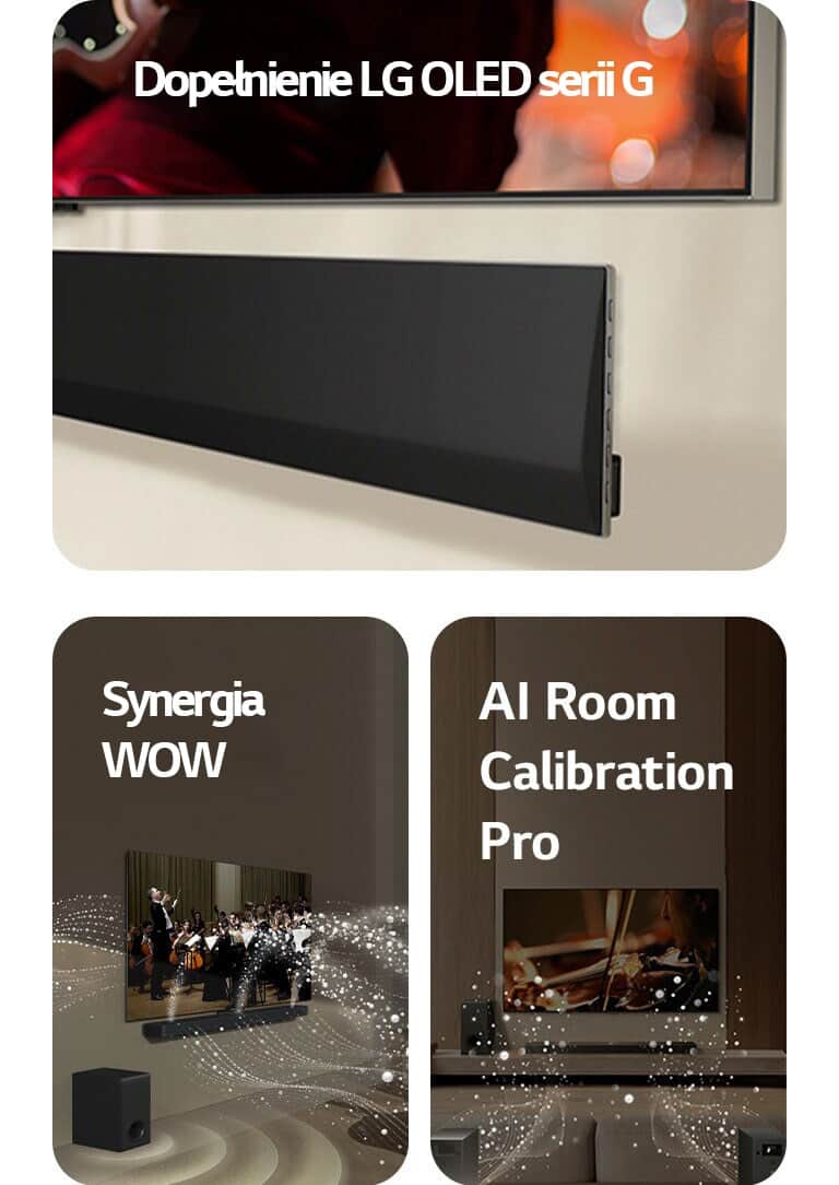 Widok pod kątem na dolną część LG TV i LG Soundbar zamontowanych na ścianie.   LG Soundbar i LG TV w salonie odtwarzające występ orkiestry. Białe fale kropel reprezentujące fale dźwiękowe tryskają w górę i do przodu z soundbara oraz rzutują z telewizora, kiedy subwoofer tworzy efekt dźwiękowy emitowany z dołu.  LG Soundbar, LG TV, tylne głośniki i subwoofer znajdują się w salonie. Nad pomieszczeniem pojawia się nakładka z siatką, niczym skan przestrzeni. Białe fale dźwiękowe składające się z kropelek wydobywają się z przedniej perspektywy tylnych głośników.