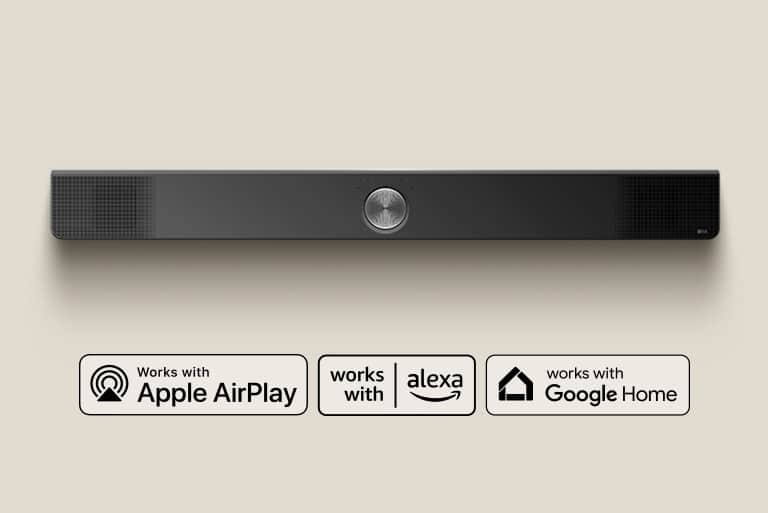 LG Soundbar widziany z góry.  Apple AirPlay  Amazon Alexa Google Home
