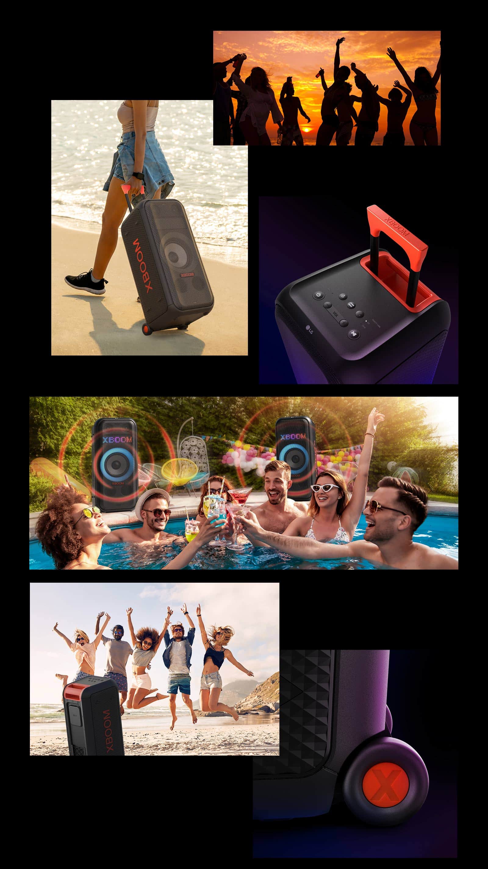 Ilustracje LG XBOOM XL7S. Od góry, sylwetki ludzi, dzięki teleskopowemu uchwytowi i kółkom kobieta jest w stanie nosić głośnik z łatwością. Widok głośnika i uchwytu teleskopowego z góry. Ludzie bawią się na imprezie basenowej, dwa głośniki LG XBOOM XL7S z grafikami dźwiękowymi są umieszczone z tyłu. Widok głośnika od tyłu i ludzie bawią się na plaży, zbliżenie na koło.
