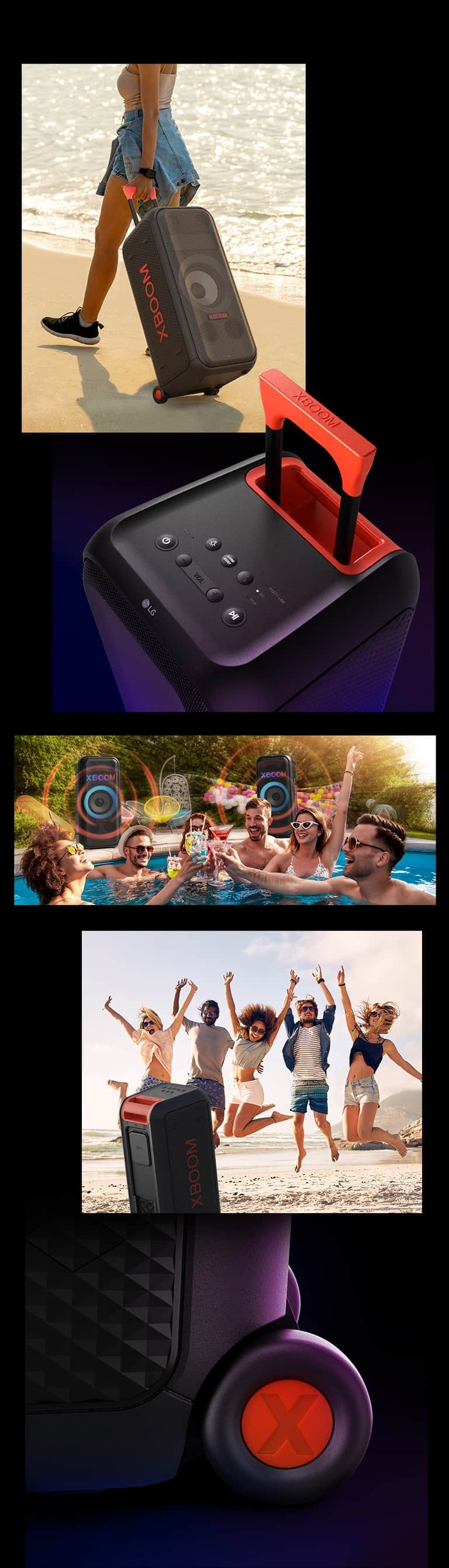 Ilustracje LG XBOOM XL7S. Od góry, sylwetki ludzi, dzięki teleskopowemu uchwytowi i kółkom kobieta jest w stanie nosić głośnik z łatwością. Widok głośnika i uchwytu teleskopowego z góry. Ludzie bawią się na imprezie basenowej, dwa głośniki LG XBOOM XL7S z grafikami dźwiękowymi są umieszczone z tyłu. Widok głośnika od tyłu i ludzie bawią się na plaży, zbliżenie na koło.