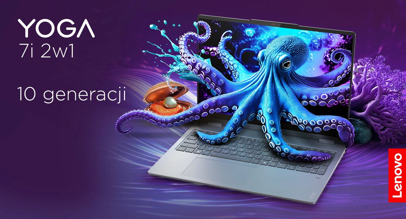 Otwarty laptop Lenovo Yoga 7i 2‑w‑1 z kolorową ośmiornicą na tapecie, wychodzącą z ekranu
