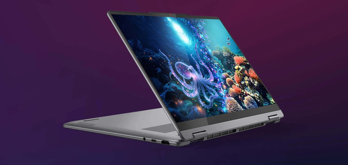 Lenovo Yoga 7i 2‑w‑1 ukazany w trybie podstawki z zawiasem 360° i aluminiową obudową