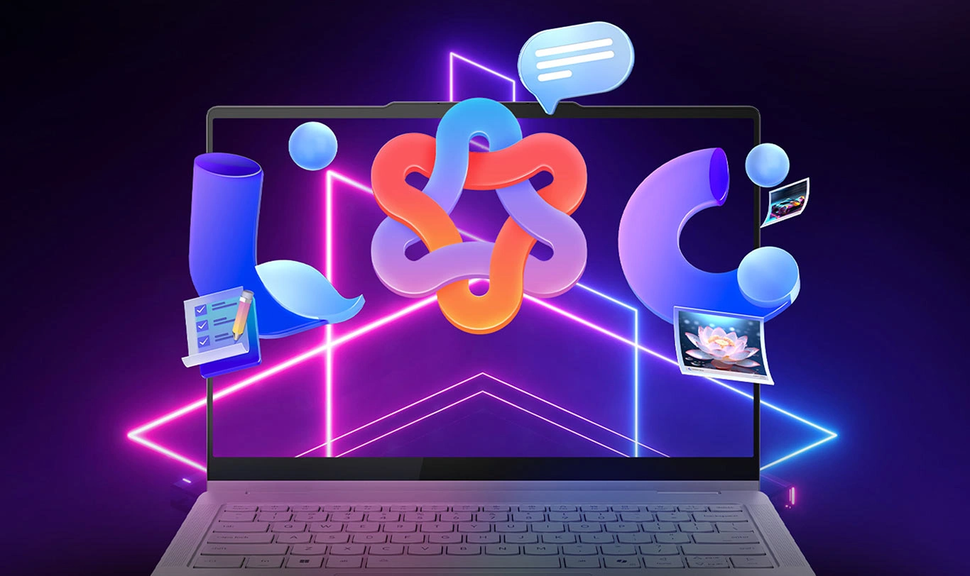 Lenovo Yoga 7i przodem, przed ekranem kolorowe ikony  pokazujące funkcje asystenta sztucznej inteligencji