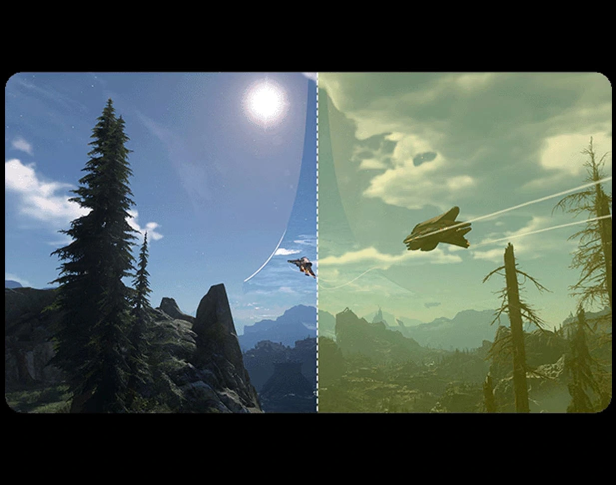 Зображення гірського пейзажу, що показує дисплей Lenovo Legion Pro 34WD-10 з натуральним низьким рівнем синього світла