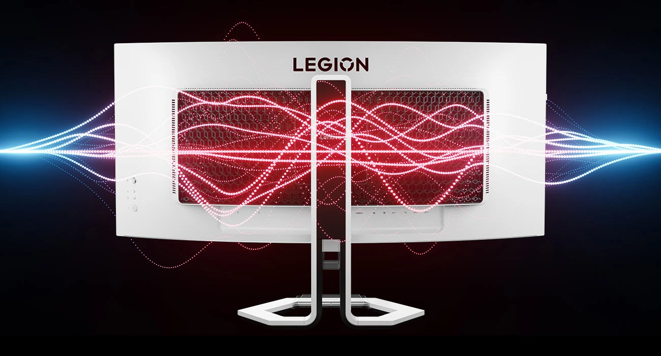 Задня сторона монітора Lenovo Legion Pro 34WD-10, різнокольорові смуги світла, що нагадують звукові хвилі, що проходять крізь монітор