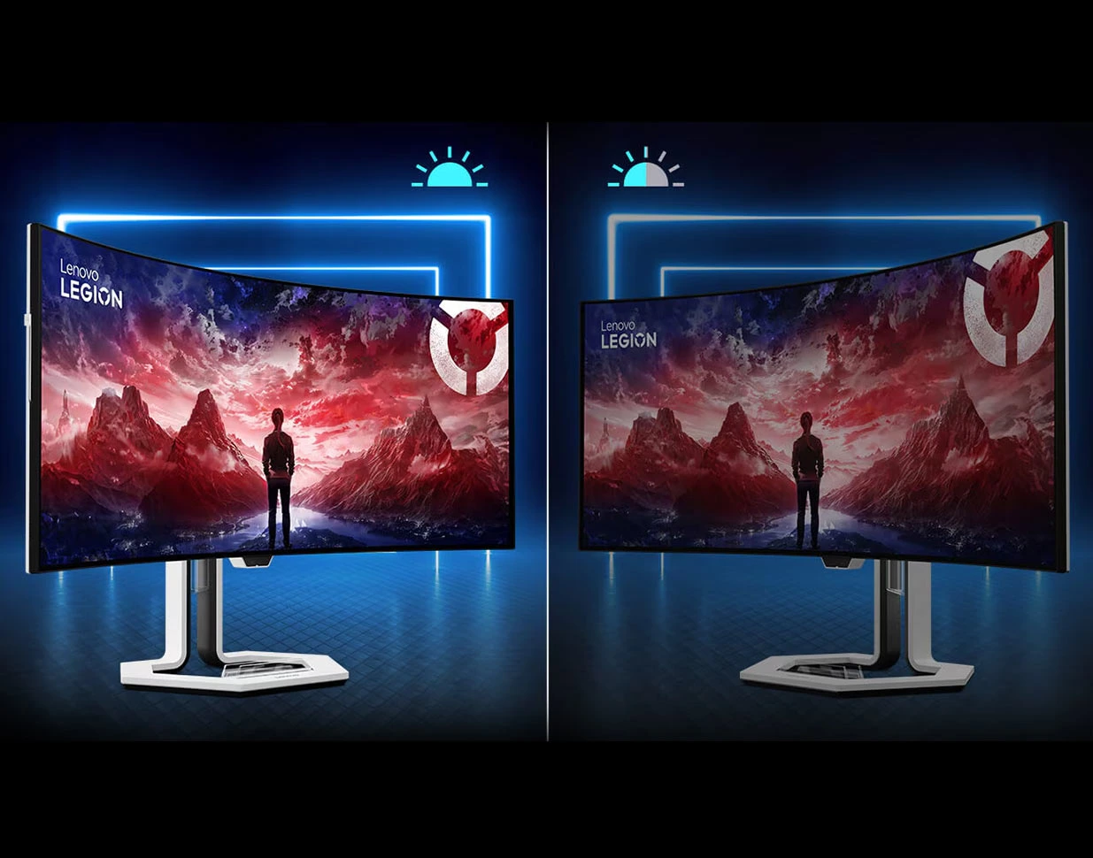 Два вигнуті монітори Lenovo Legion поруч, що порівнюють яскравість екрана за різних умов освітлення.