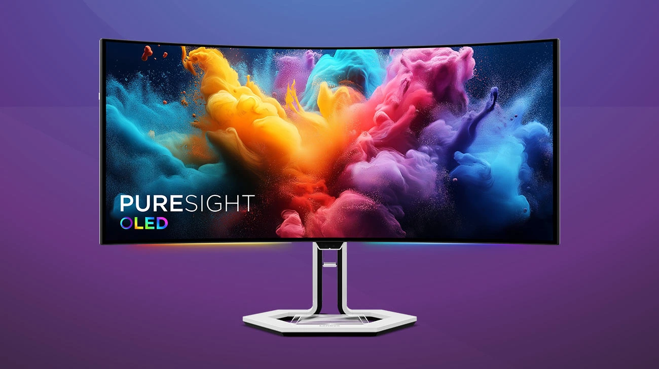 Монітор Lenovo Legion Pro 34WD-10 з барвистими шпалерами на екрані