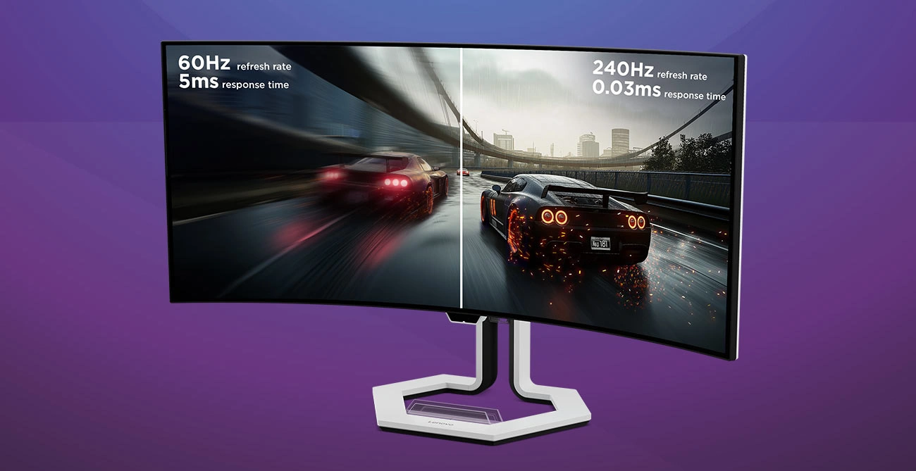 Монітор Lenovo Legion Pro 34WD-10, екранна графіка з гоночними автомобілями, порівняння частоти оновлення 60 Гц та 240 Гц
