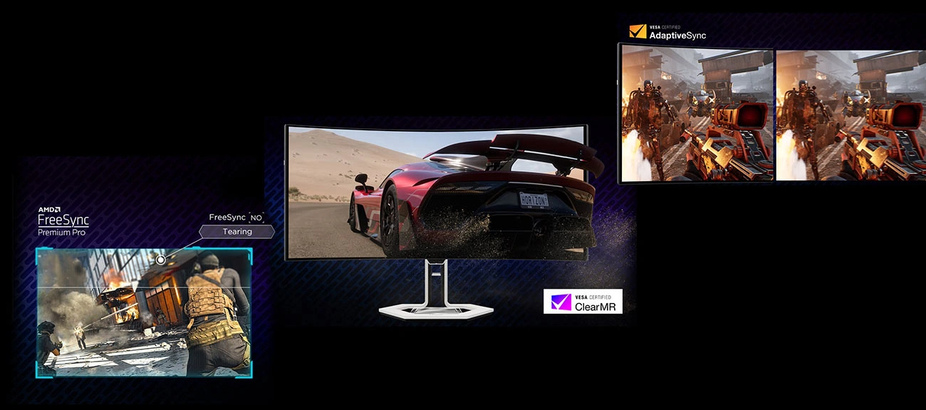 Три монітори Lenovo Legion Pro 34WD-10 з барвистою графікою, що демонструє візуальні ефекти в комп'ютерних іграх на екранах
