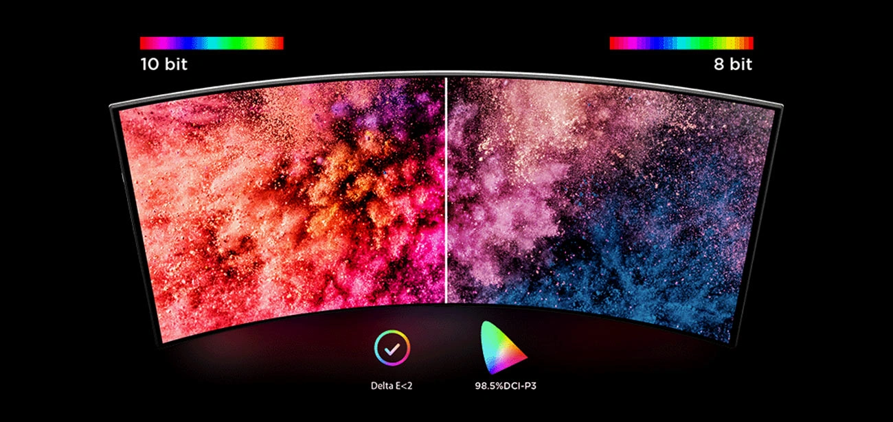 На екрані монітора Lenovo Legion Pro 34WD-10 кольорове зображення, що показує різницю в глибині кольору між 10-бітною та 8-бітною глибиною.
