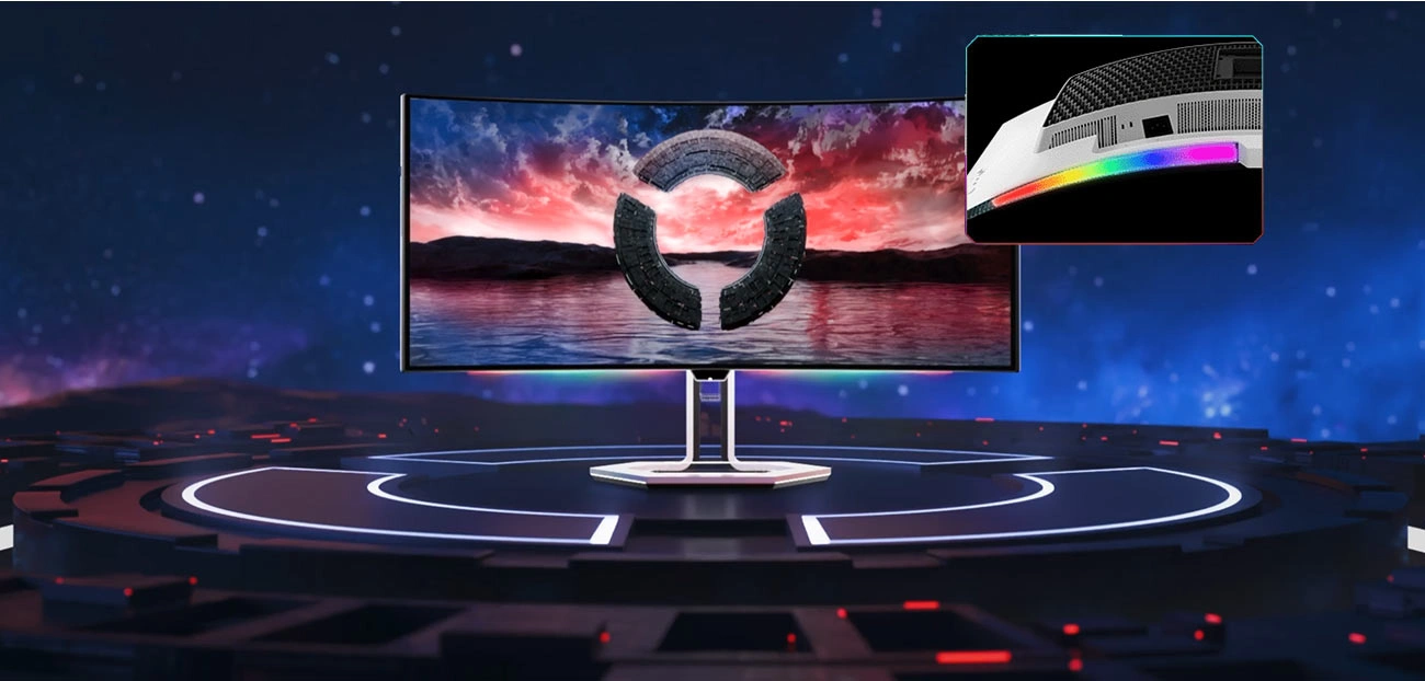 Монітор Lenovo Legion Pro 34WD-10 з барвистими шпалерами на екрані, видимим підсвічуванням sRGB (стандартний червоний, зелений, синій)