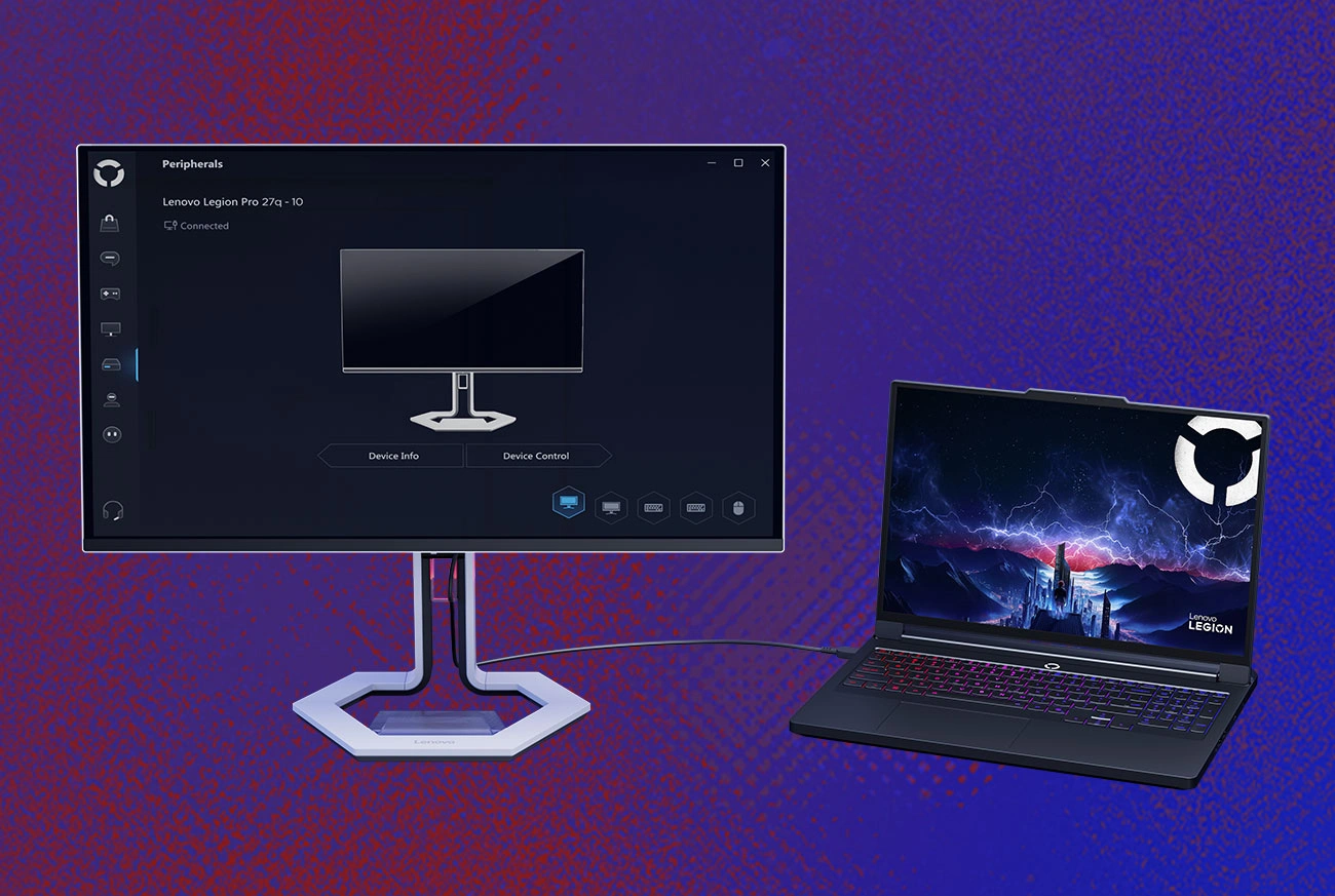 Монітор Lenovo Legion Pro 27Q-10 та ноутбук, підключений до нього кабелем
