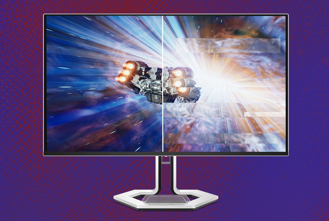 На екрані монітора Lenovo Legion Pro 27Q-10 відображається візуалізація з комп'ютерної гри.