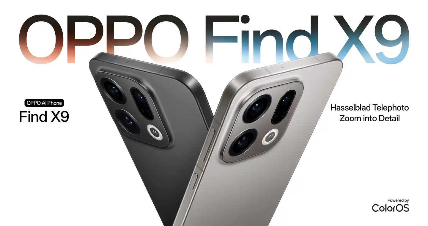 OPPO Find X9 - dwa telefony w&nbsp;kolorze czarnym i tytanowym.