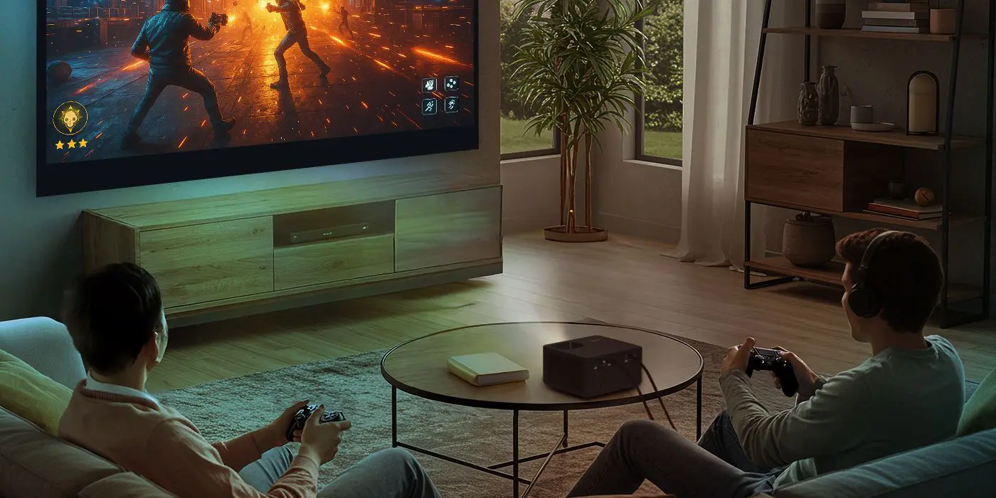 Двоє людей грають на консолі, зображення відображається проектором Optoma PK32