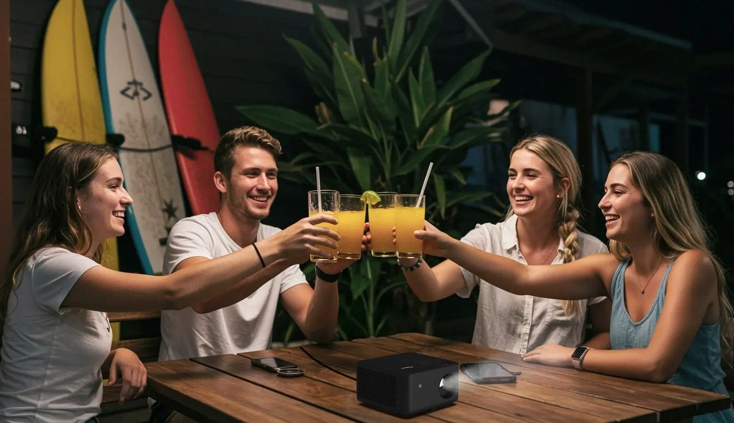 Група людей у ​​барі, на столі — компактний проектор Optoma PK32.