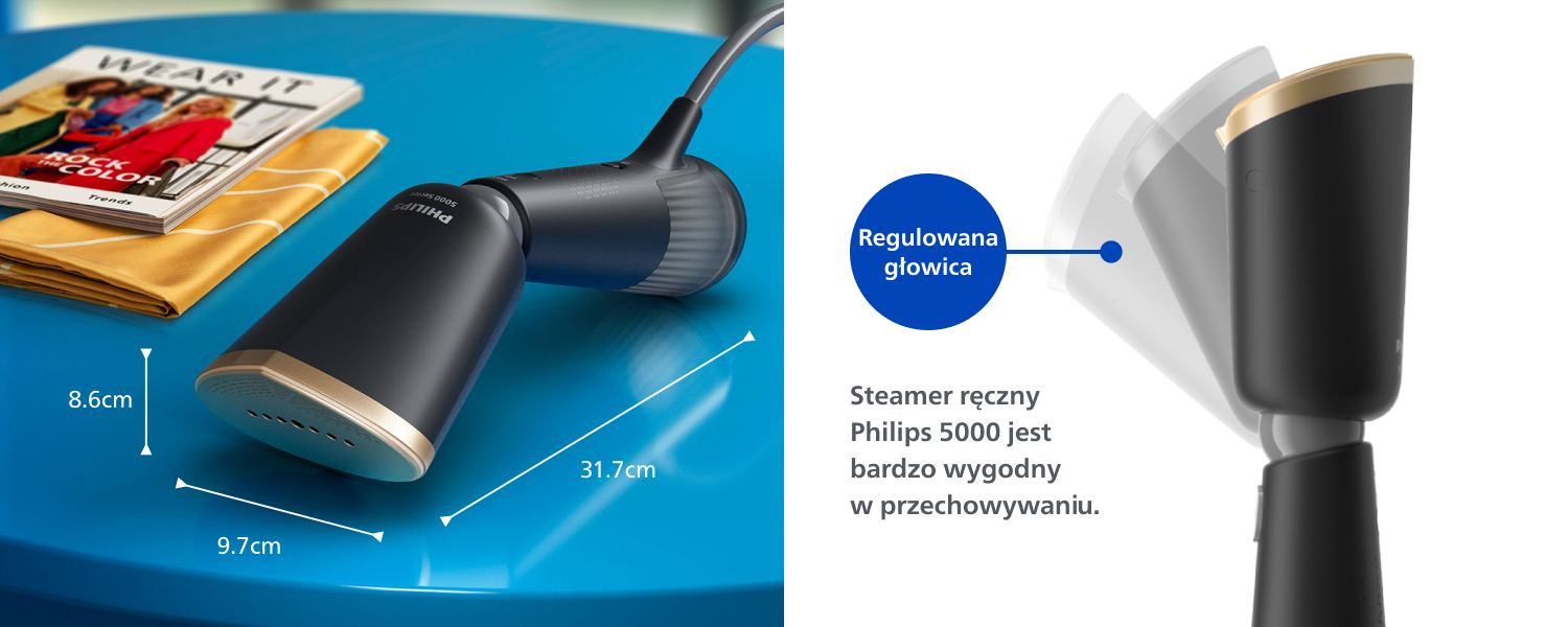 Розміри та рухома головка відпарювача для одягу, що показані
