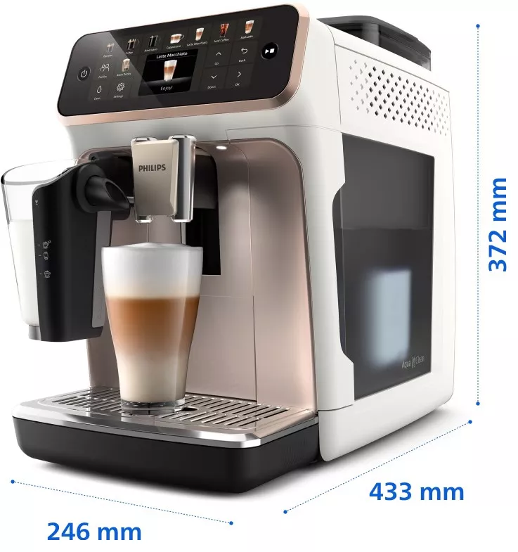 Кавомашина Philips EP5543/80 з описом розмірів: глибина 433 мм, ширина 246 мм та висота 372 мм. Кавомашина Philips EP5543/80 з описом розмірів: глибина 433 мм, ширина 246 мм та висота 372 мм.