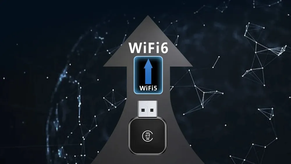 „Carplay“ „Android“ automobilio adapteris su „Wi-Fi 6“ technologija ir rodykle, simbolizuojančia atnaujinimą iš „Wi-Fi 5“
