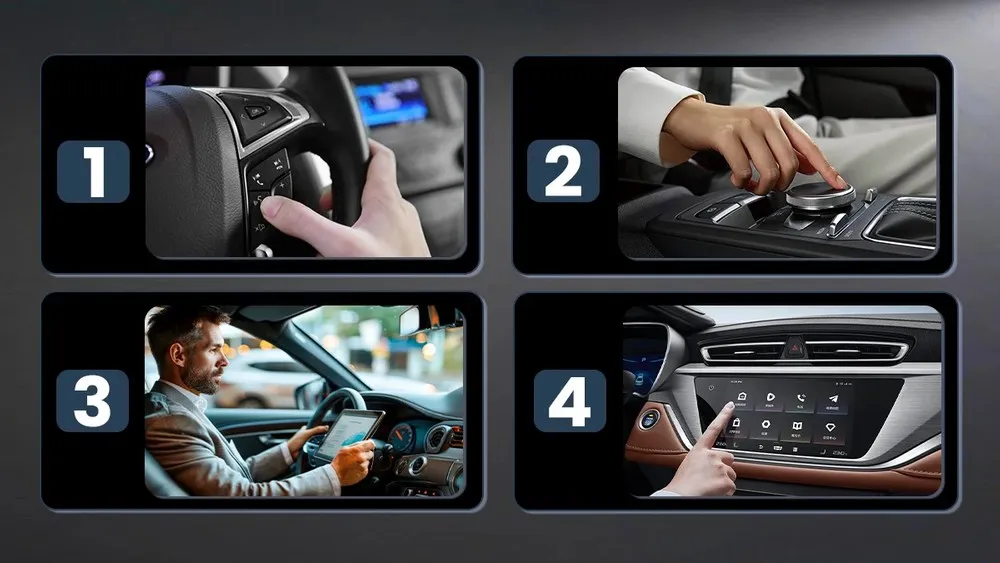 Keturi skydeliai, rodantys „CarPlay“ adapterio naudojimą: vairo mygtukai, rankenėlė, planšetinis kompiuteris ir jutiklinis ekranas