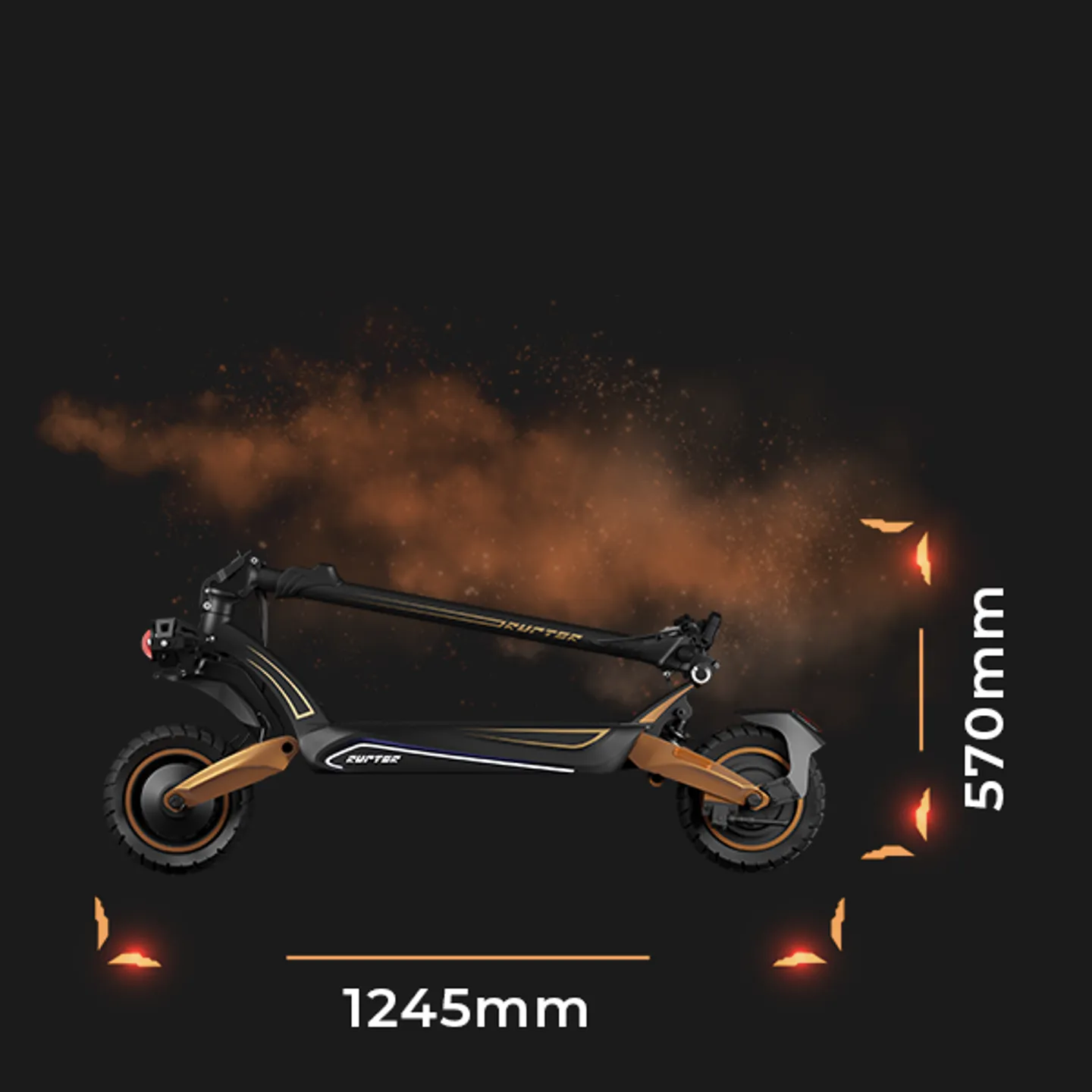 Вигляд складеного самоката Ruptor R6 з розмірами висоти 570 мм та ширини 1245 мм