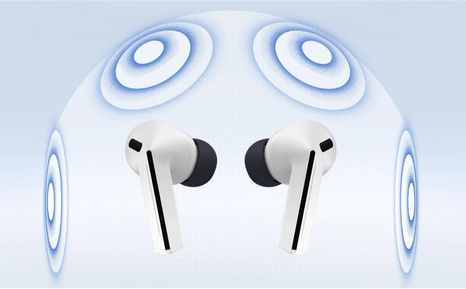 Galaxy Buds3 FE розміщені всередині сфери, оточеної чотирма кільцями, що символізують 360° звук.