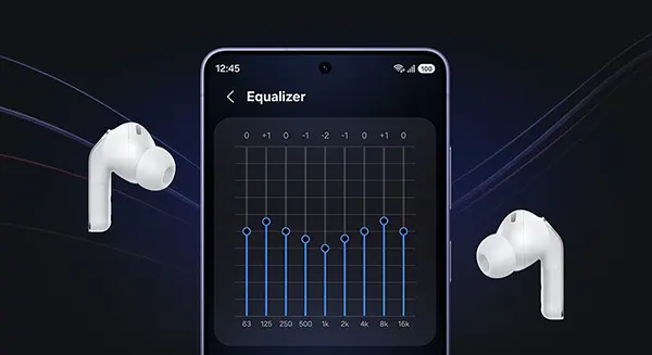 Смартфон Galaxy з увімкненим «еквалайзером» між парою білих навушників Galaxy Buds4Pro.