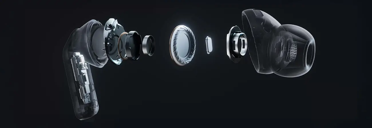 Вигляд внутрішньої структури одного навушника Galaxy Buds4Pro, що показує його частини, включаючи низькочастотний динамік.