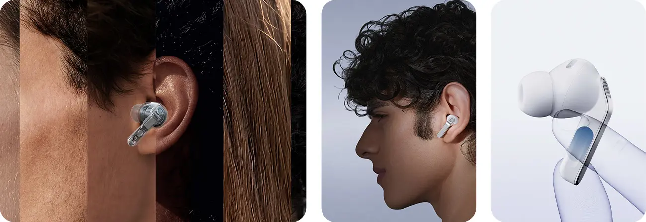 Навушники Samsung Galaxy Buds, на вусі та крупний план динаміка з сенсорною функцією.