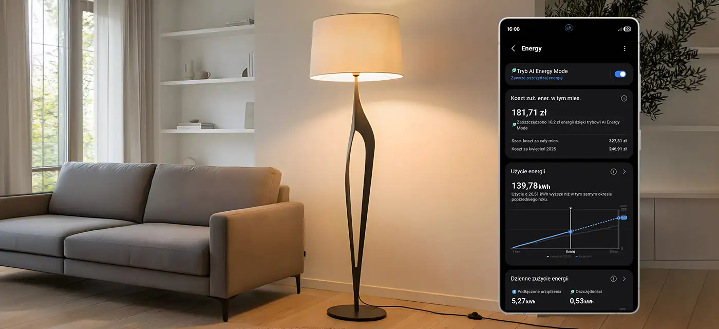 Вітальня з диваном і торшером, поруч телефон із запущеним додатком SmartThings та вкладкою «Енергетика». Вітальня з диваном і торшером, поруч телефон із запущеним додатком SmartThings та вкладкою «Енергетика».