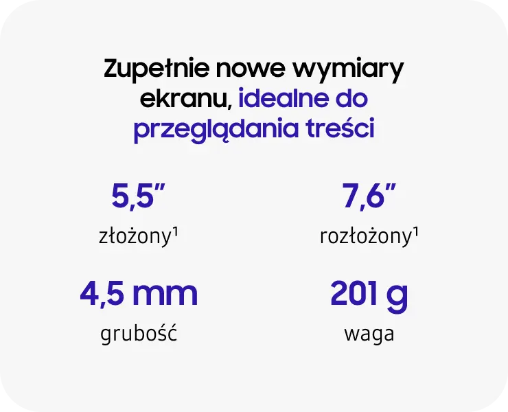 Galaxy Z Fold8: ekran 5,5″ po złożeniu i 7,6″ po rozłożeniu, grubość 4,5 mm, waga 201 g.