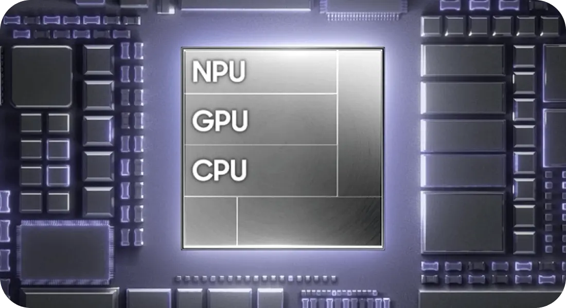 Procesor Galaxy Z Fold8 z modułami NPU, GPU i CPU.