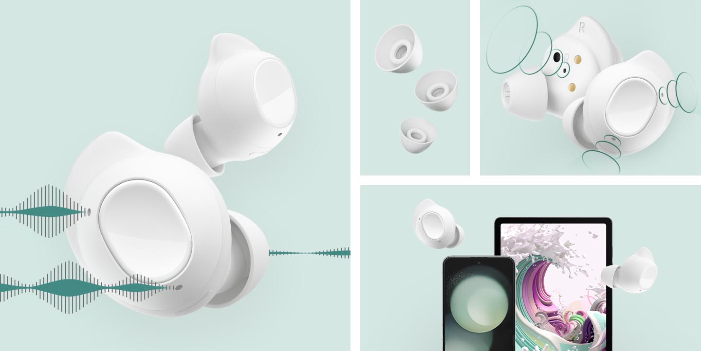 Крупний план двох навушників Galaxy Buds FE, що висять. Три навушники різного розміру ширяють у формі. Крупний план двох навушників Galaxy Buds FE зі звуковими хвилями, що йдуть від внутрішнього та зовнішнього мікрофонів. Galaxy Tab S9 FE та два навушники Galaxy Buds FE ширяють у повітрі.
