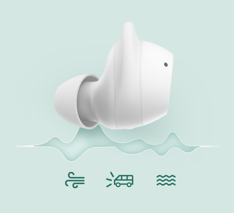 Вигляд збоку навушників Galaxy Buds FE. Нижче наведено три значки, що позначають вітер, гудок та шум.