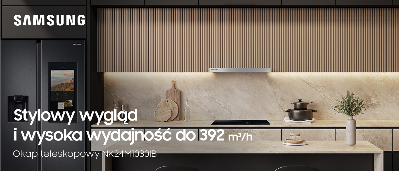 Okap skośny Samsung NK24M1030IS w nowoczesnej, eleganckiej kuchni: RTV Euro AGD