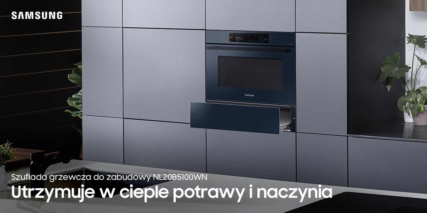 Szuflada podgrzewająca Samsung NL20B5100WN wstawiona w elegancką, szarą zabudowę. Urządzenie można kupić w sieci RTV Euro AGD
