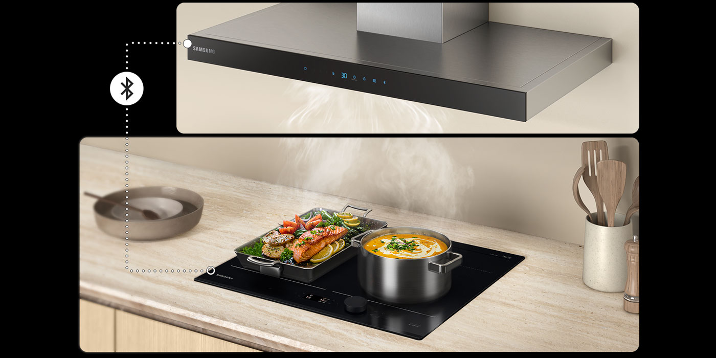 якщо ви підключите витяжку Samsung до плати NZ64B7799GK, вона автоматично увімкнеться, коли почнеться нагрівання