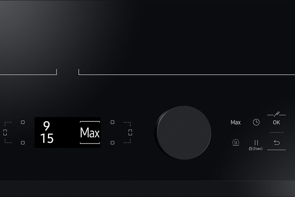 індукційна плита Samsung керується за допомогою сенсорних іконок, видимих на фото, дисплея та магнітної ручки