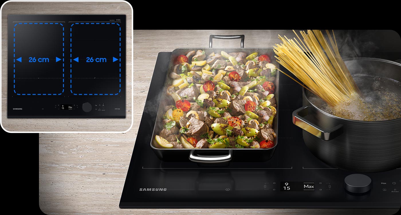 фото, що вказує на розширену зону нагріву індукційної плити Samsung NZ64B7799GK