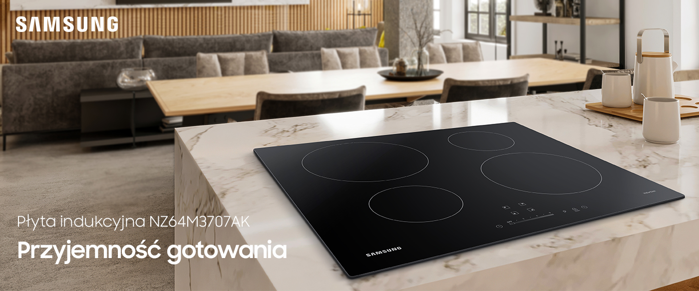 Płyta indukcyjna Samsung NZ64M3707AK na marmurowym blacie, dostępna w sklepach RTV Euro AGD.