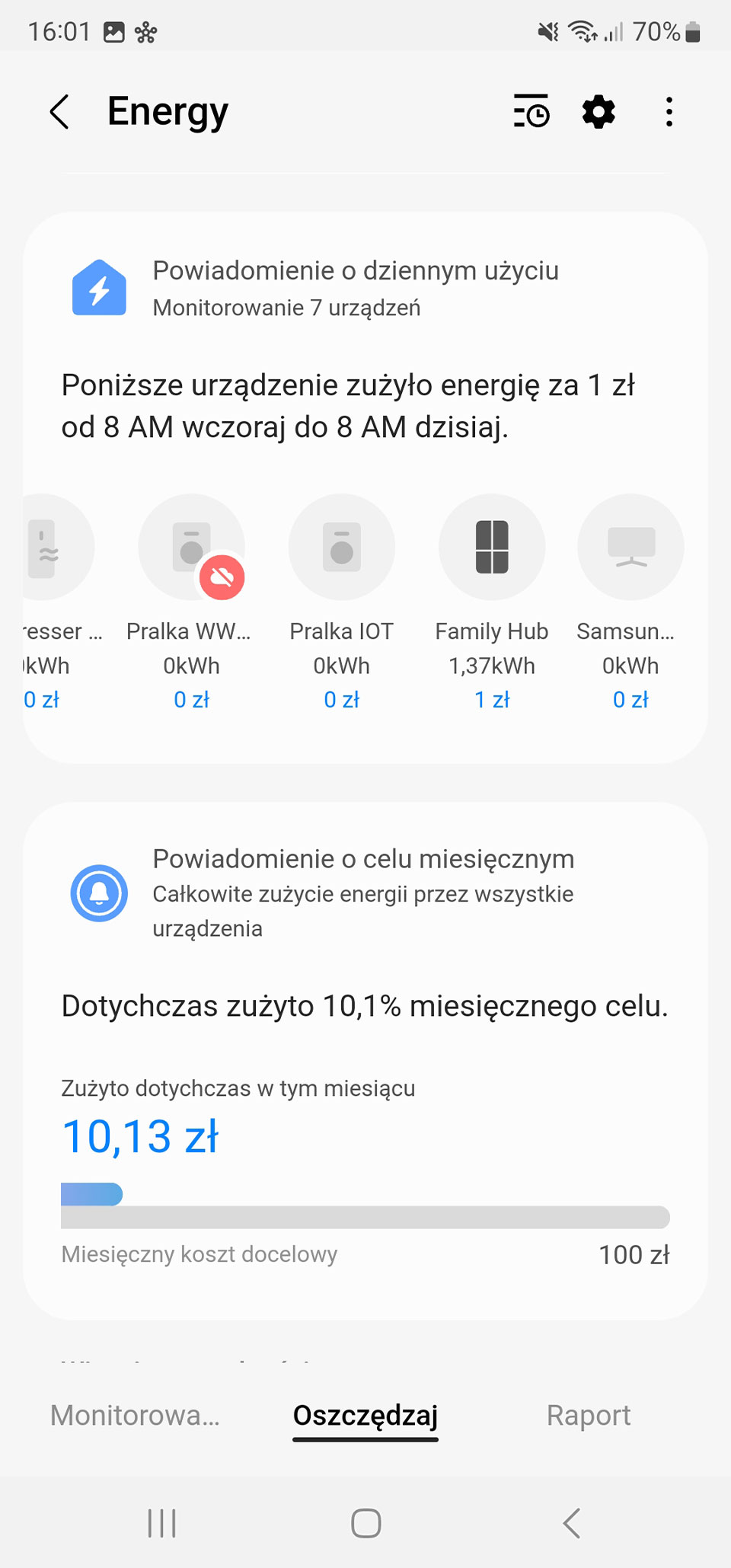 Знімок екрана з програми SmartThings показує чіткий звіт, який дозволяє легко вносити зміни та знаходити можливості для економії