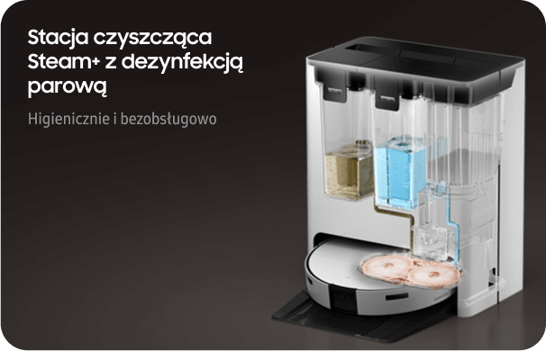 станція очищення з паровою дезінфекцією, миє і сушить швабри, спорожняє контейнер для сміття і заряджає пилосос
