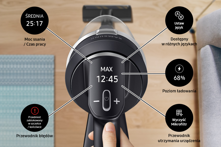 Цифровий світлодіодний дисплей пилососа Samsung VS20C9554TK/GE доступний в RTV Euro AGD