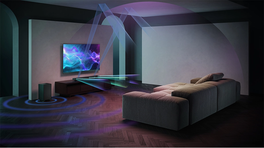 Звукові хвилі від саундбара, сабвуфера та телевізора поширюються по всій кімнаті