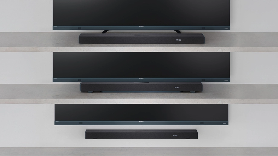 Три варіанти розміщення саундбара: плоско, над центральною підставкою телевізора, на стіні