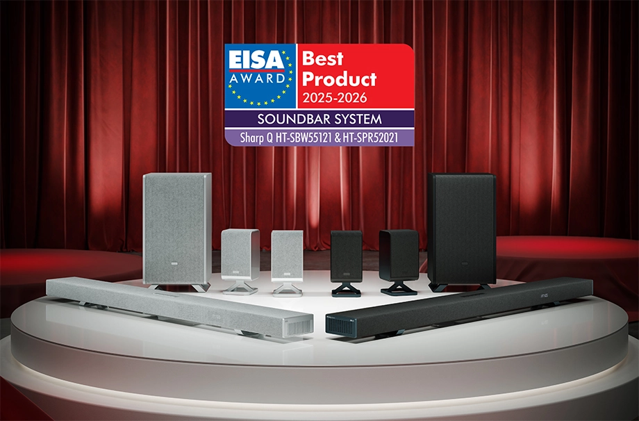 Саундбари, сабвуфери та динаміки; логотип премії Expert Imaging and Sound Association за найкращу систему саундбарів 2025-2026 років